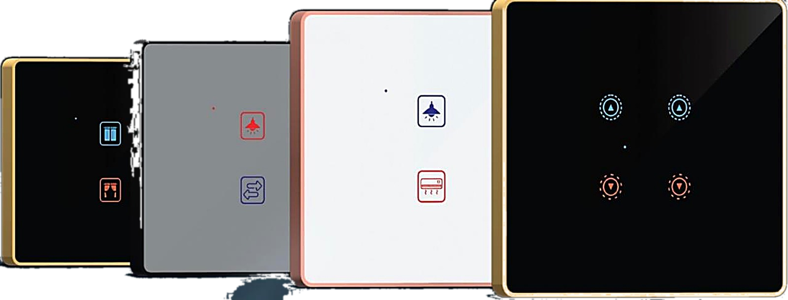 Premium glass touch switches in black, grey, rose-gold and gold finishes