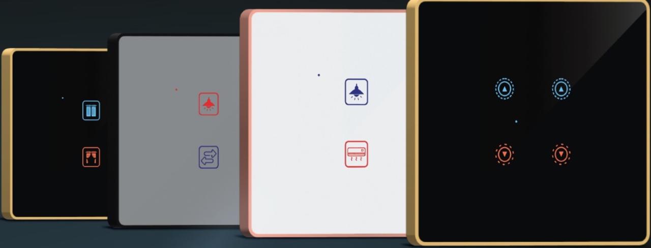 Four touch switch panels in gold, black, grey and white finishes