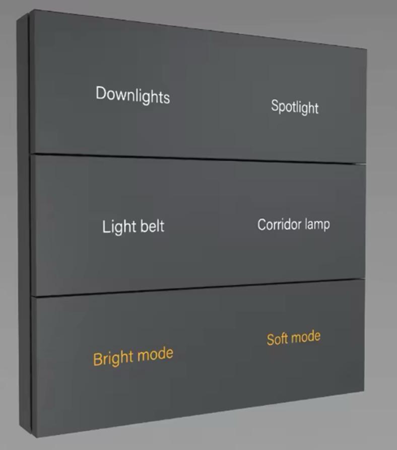 Six-button lighting scene switch with named scenes