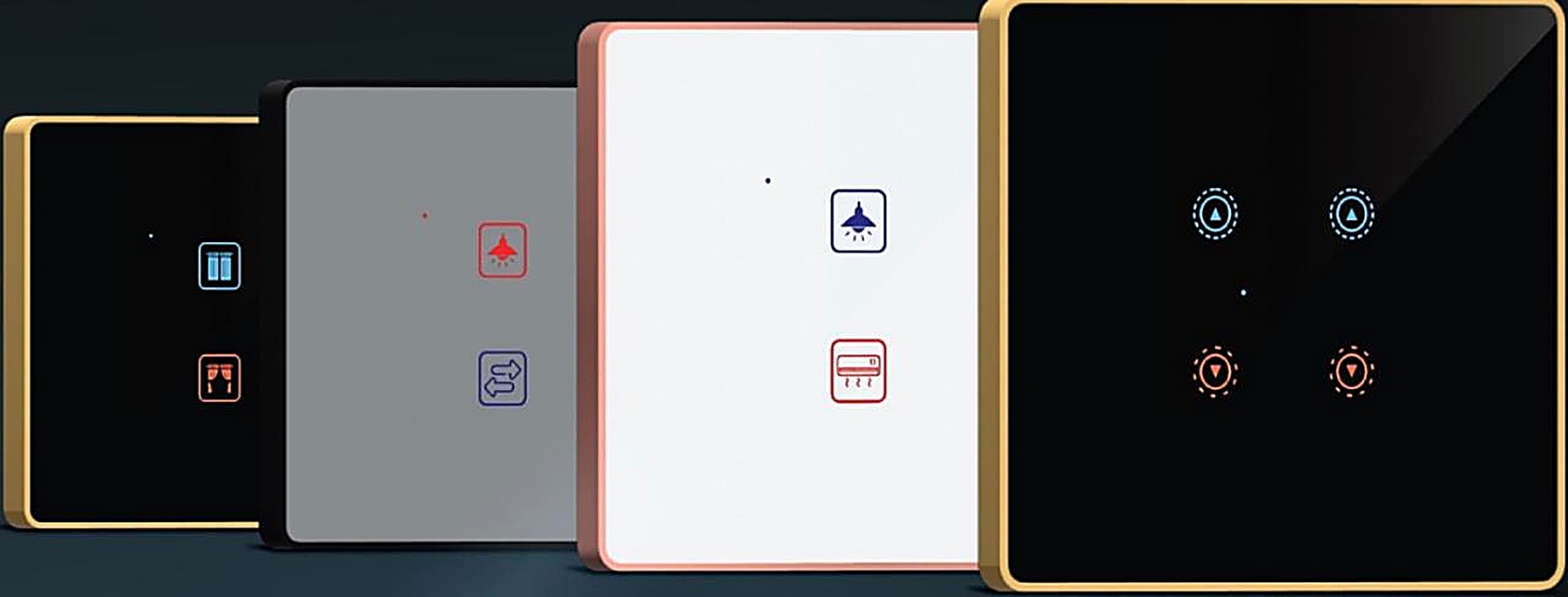 XPERIAA glass touch switch panels in black, white, grey and gold finishes with curtain, fan, AC and dimmer icons